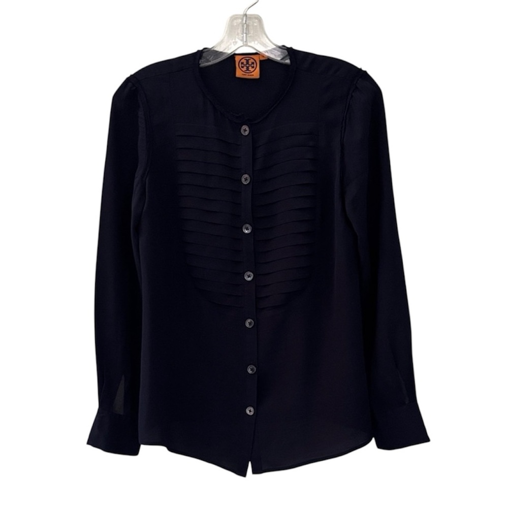 Tory Burch 100% Silk Dark Blue Button Up Blouse